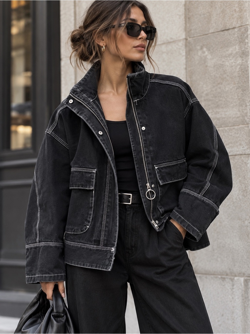 TONLION Black Denim Utility Jacket Contrast Stitch Oversized | L